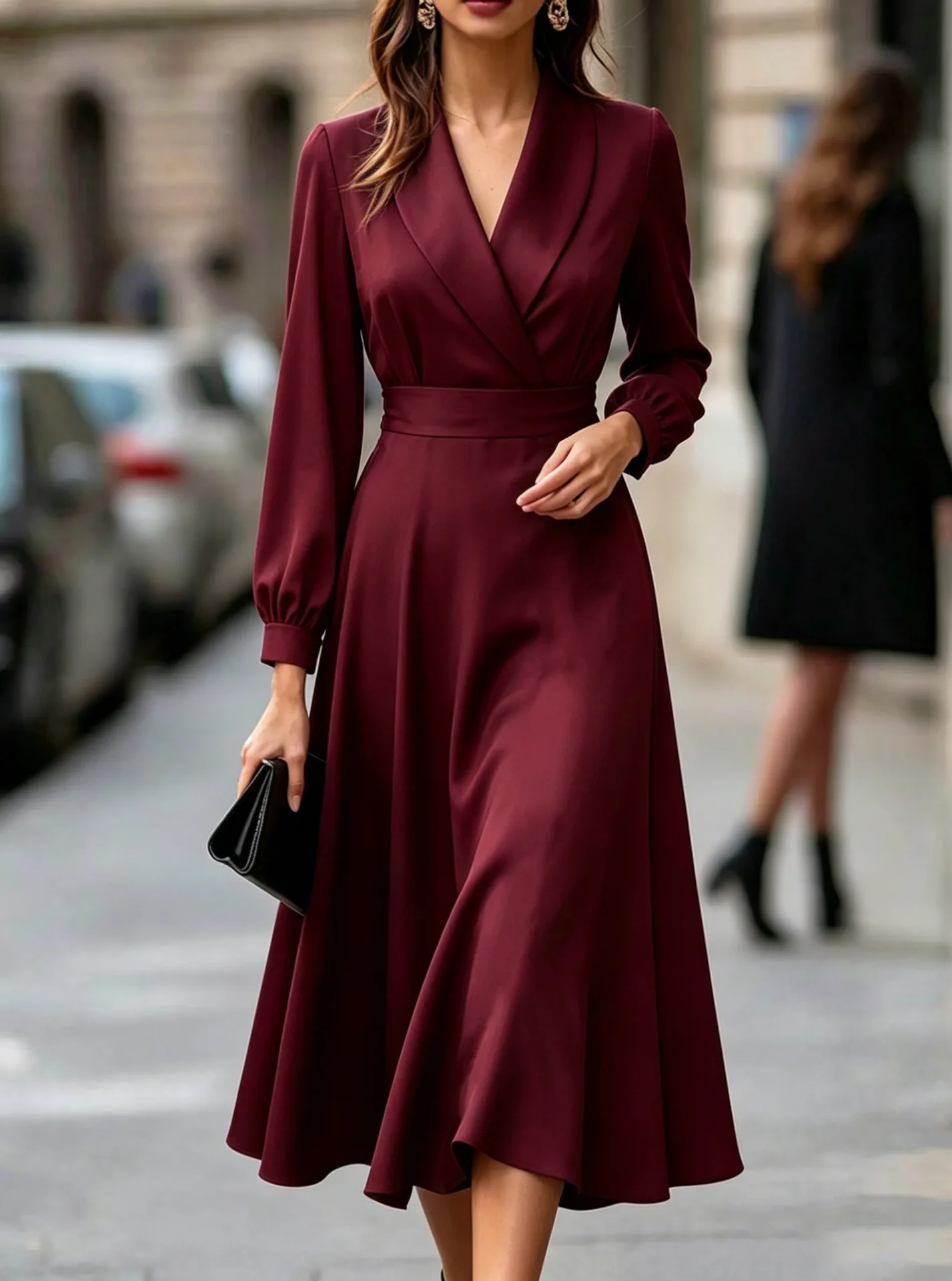 2026 Herbst Damen Elegantes Wickel-Maxikleid mit gekerbtem Ausschnitt, langen Ärmeln und A-Linie – Modisches langes Partykleid Robe Femme