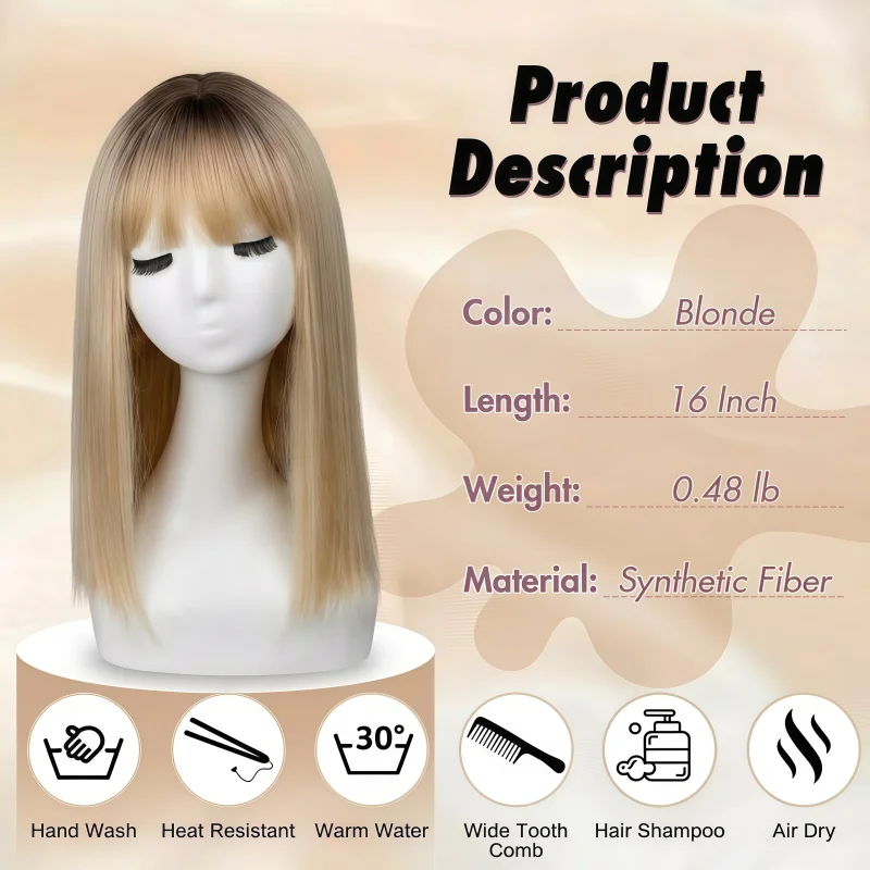 Light gold bob hair piece, black root straight bob styling wig, women's synthetic shoulder length with bangs wig, heat-resistant