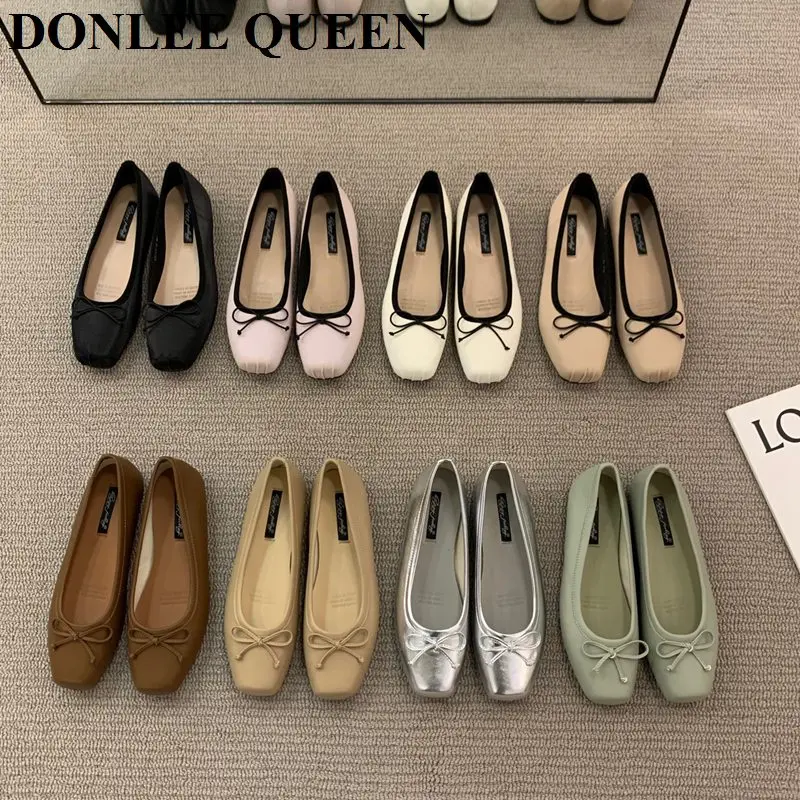 Classic Female Flats Ballerina Shoes Women Fashion Square Toe Pleated Ballet Bow Knot Shallow Moccasin Casual Loafer Sliver Muje