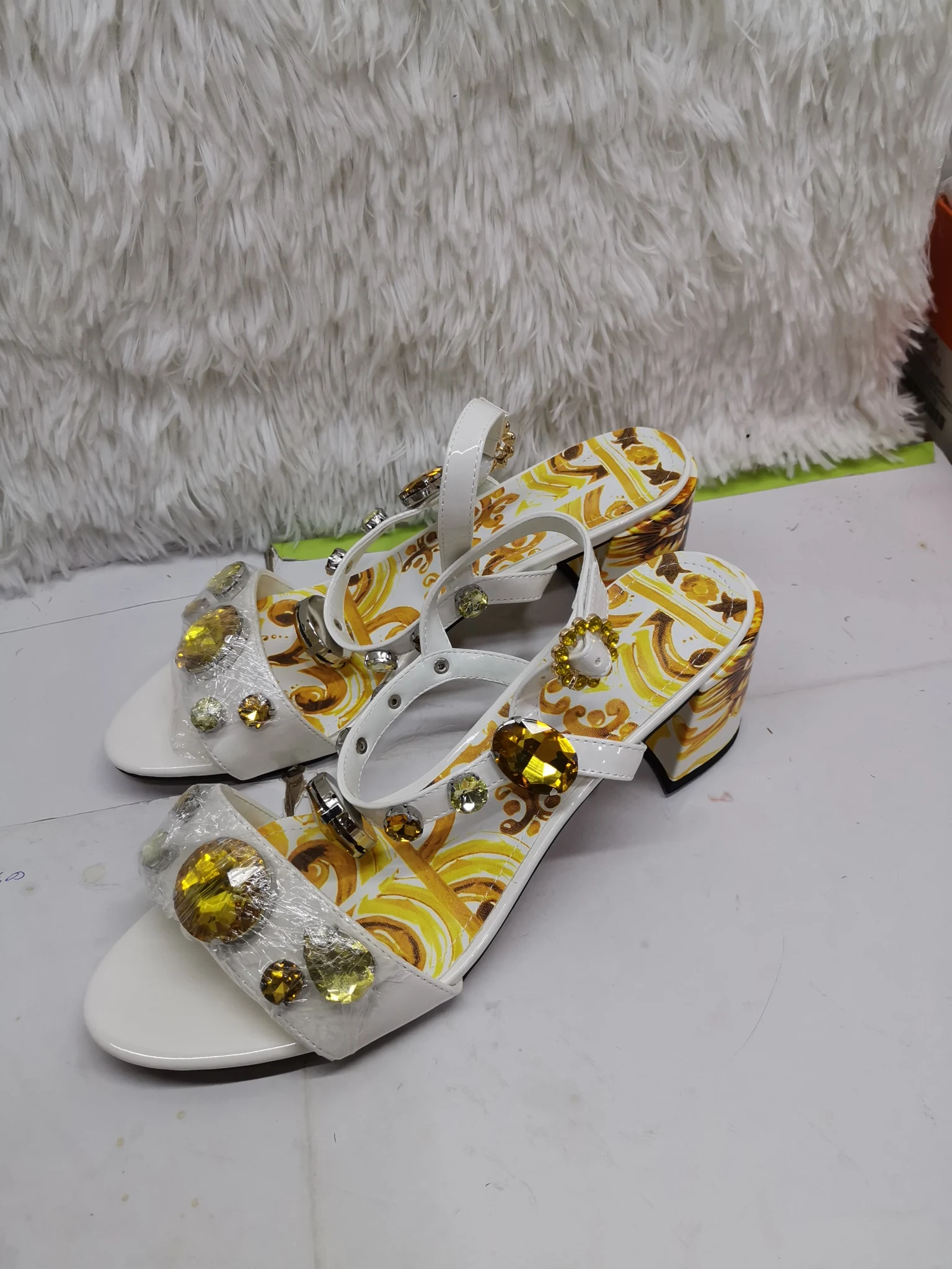 Bohemian Rhinestone Jewels Chunky Heels Sandals For Women Yellow Prints Buckle Strap 6/10Cm High Heels Beach Vacation Shoes