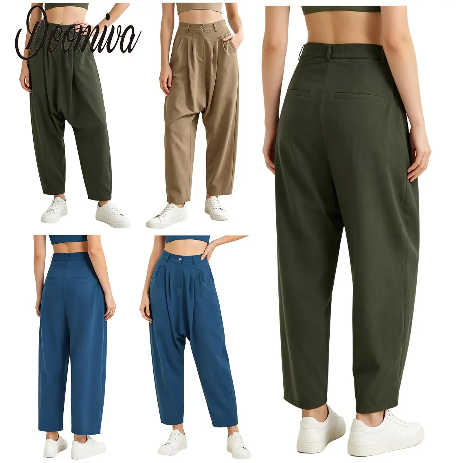 Women Casual Palazzo Harem Pants Drop Crotch Front Pleated Elastic Waist Pockets Baggy Pants Barrel Trousers for Holiday Office
