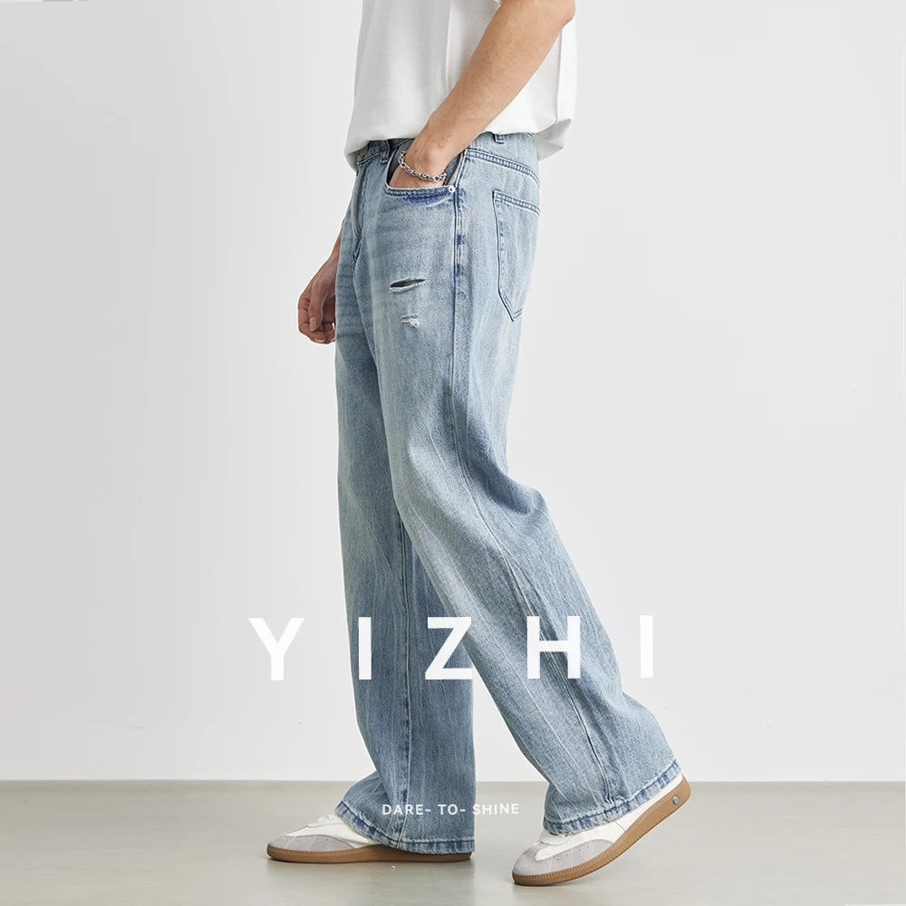 Men's Jeans Cotton Summer New American Micro-flared Loose Broken Copper Wide-leg Pants Casual Straight Thin Trousers Men Jeans