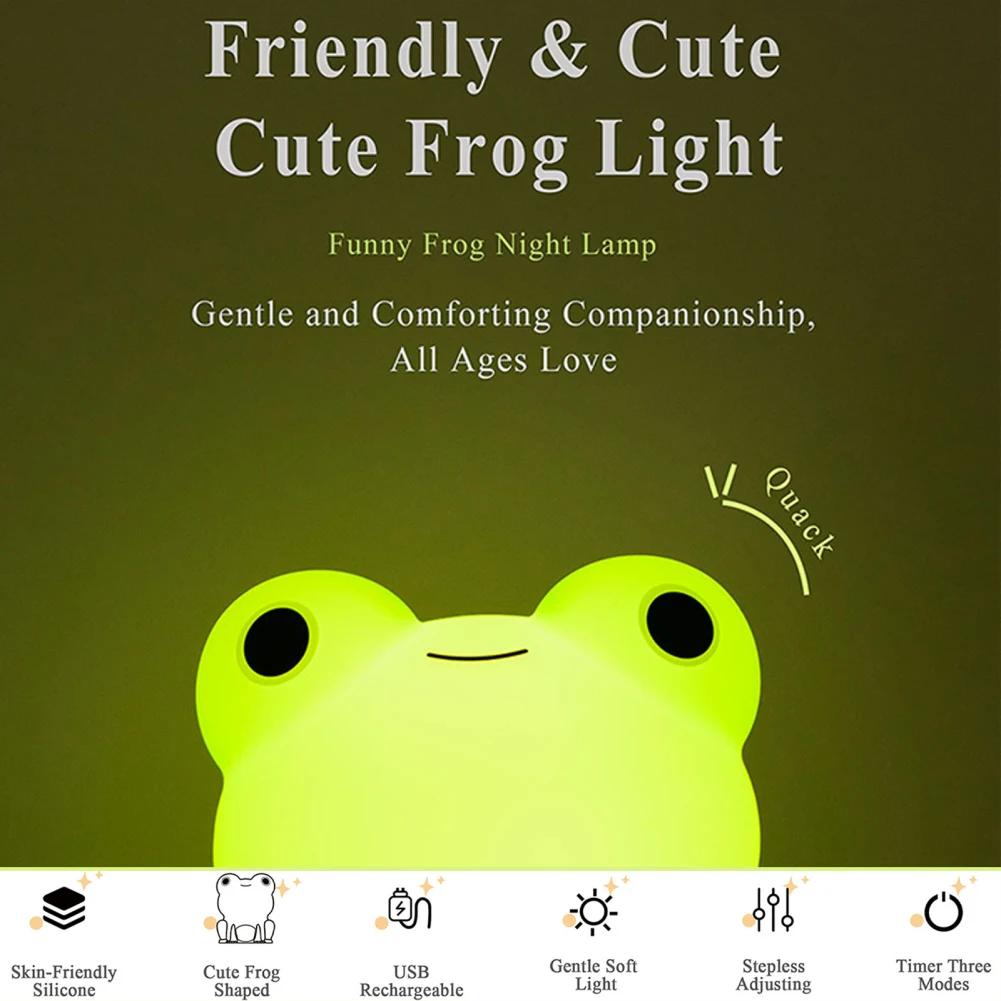 Lampe Grenouille en Silicone Souple, Veilleuse de Sommeil, Minuterie à Intensité Réglable, Rechargeable, Lumière Colorée, Décor de Chambre, Cadeaux pour Enfants