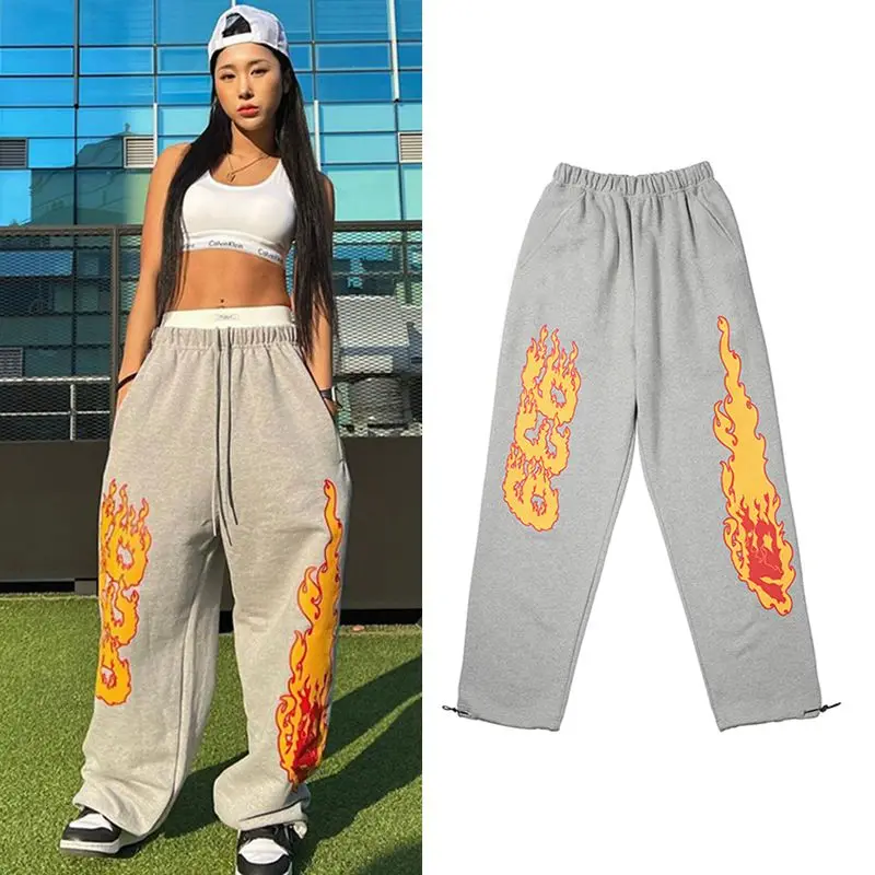 

939 Flame Trend Hiphop Jazz Street Dance Loose Straight trousers women Leg Wide Leg Guard Pants y2k pants women clothing