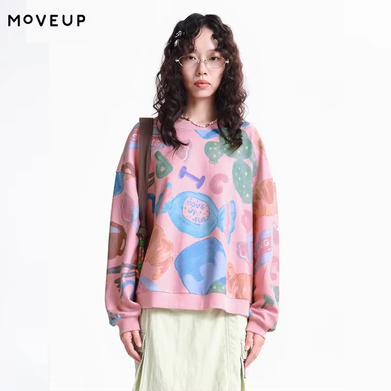 MOVEUP Long Sleeved Round Neck Sweatshirt 2026 Spring New Dopamine Print Ribbed Drop Sleeves Casual Top For Women 3ELC11412