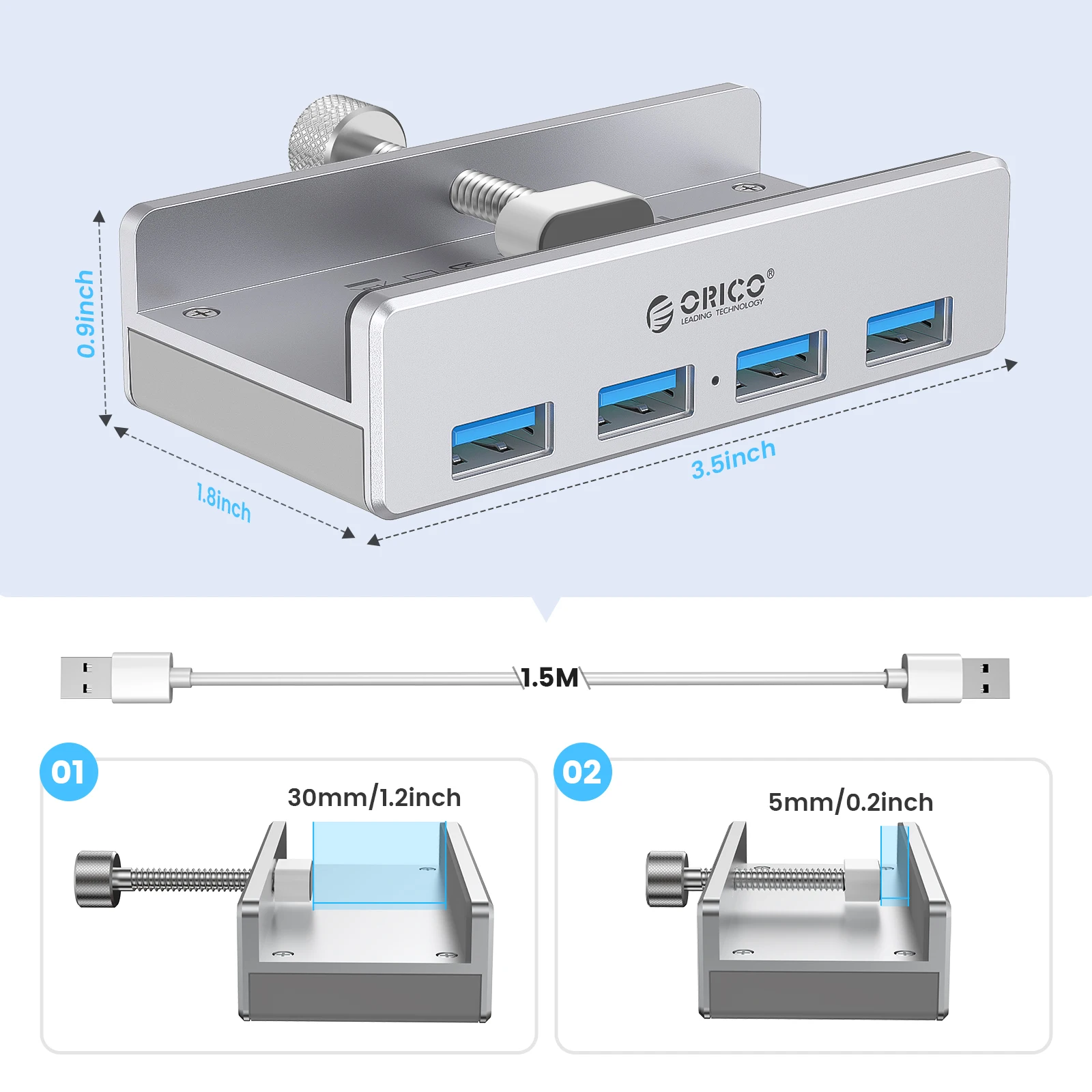 ORICO 4 Ports USB 3.0 Aluminum HUB For Desktop Laptop Clip Range 10-32mm With 150cm Cable 5V2A Power for Photographer Vloger