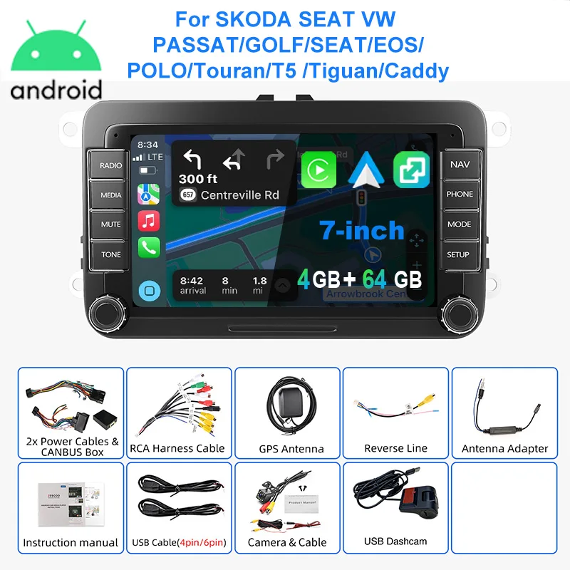 ESSGOO Autoradio Android15 7" 4+64 GB / 6+128 GB für VW Golf 5 6 Passat Polo 6R Touran Tiguan Caddy EOS Jetta Seat Skoda Wireless CarPlay Android Auto GPS Navigation RDS FM Bluetooth Mirror Link