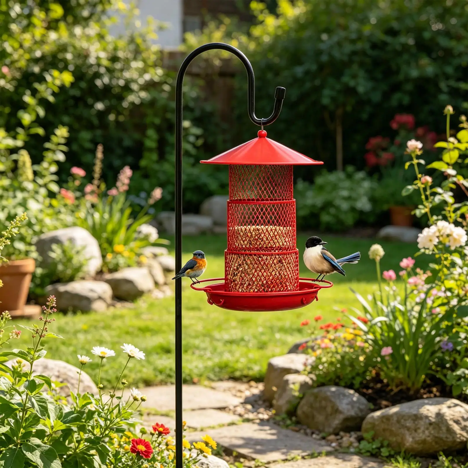 Afbeelding 4: Haak voor vogelvoederbak 47 inch metalen zonne-energie lichthanger 2 stuks plantenhaken voor tuin gazon erf buiten vogelvoeders lantaarns