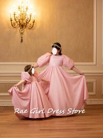 Pink Flower Girl Dress Voluminous Puff Sleeves Simple Round Neck Floor Length A Line For Wedding Birthday Matching Sistet