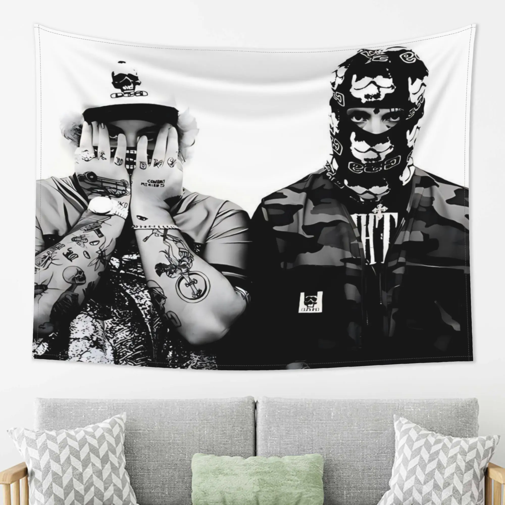 VIKAMA Black and White Hip Hop Tattoo Character Tapestry Wall Hanging Home Decor for Bedroom Living Room Street Bandit Mask
