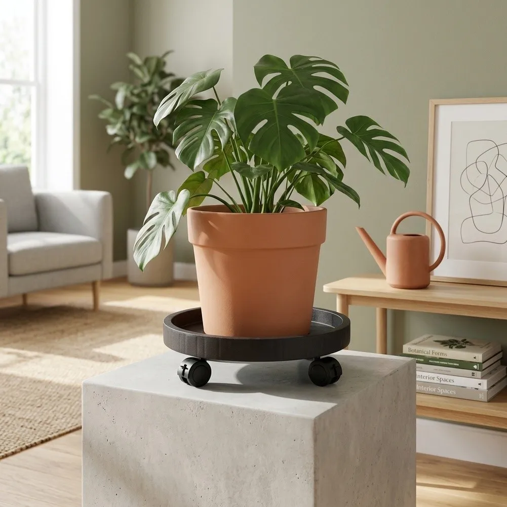 Round Plastic Caddy for Potted Plants with Reinforced Edge Design and Full-Swivel Casters for Daily Plant Relocation