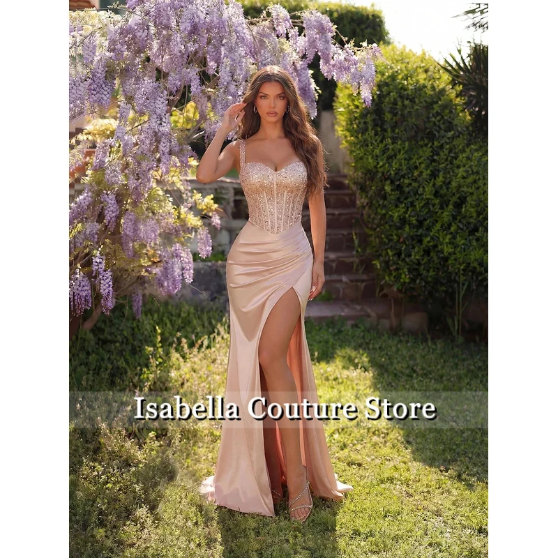 Women's Elegant Sequin Spliced ​​Thick Straps Pleated Fishbone High Slit Back Lace Up Evening Prom Party Dresses Customized