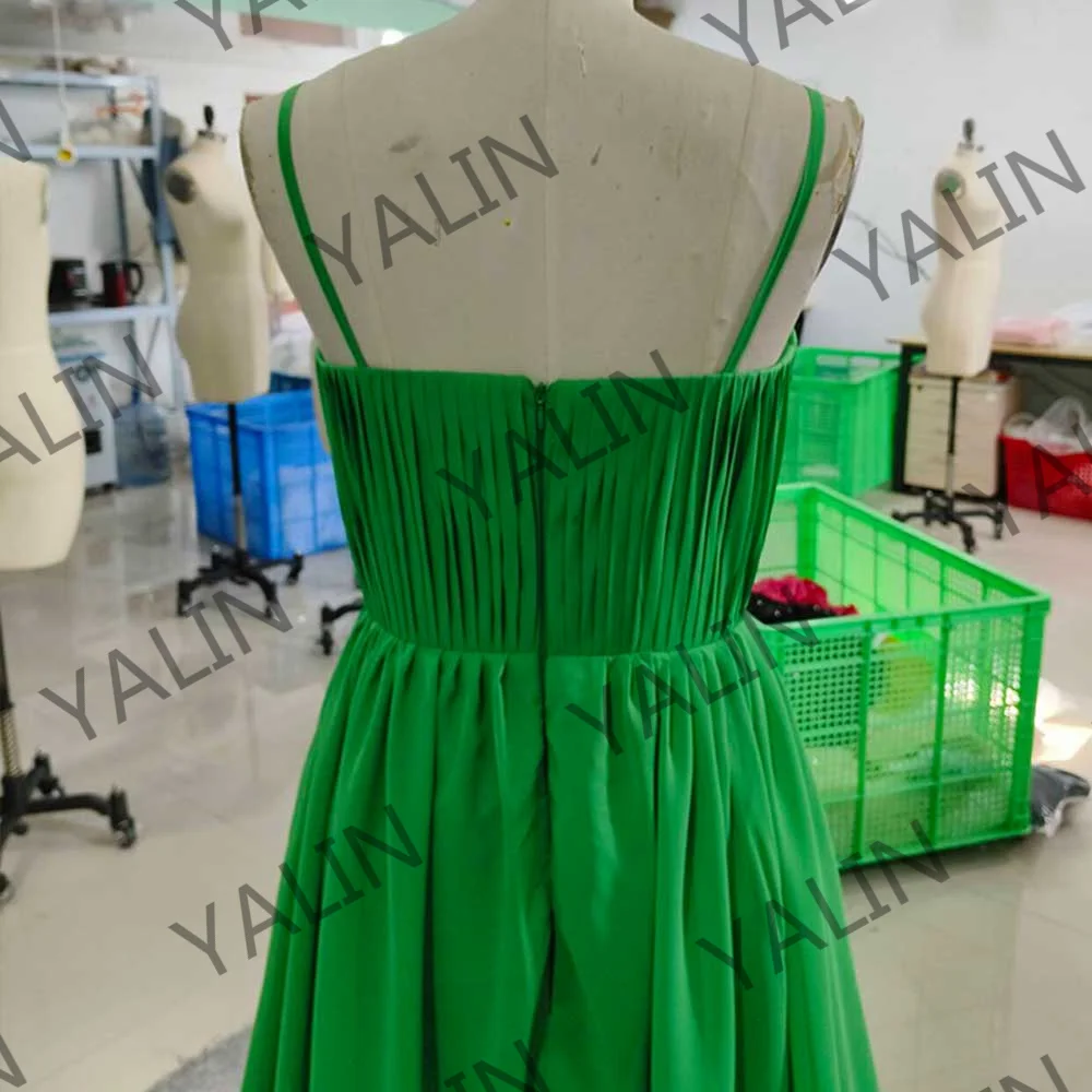 Customized Simple Silk-Like es Floor Length V-Neck Pleated A-Line Graduation Gowns Hollow Out Spaghetti Strap Evening Dress