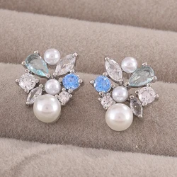ZAKOL Exquisite Colorful Cubic Zirconia Stud Earrings for Women Cute Imitation Pearl Gold Color Earring Student Party Jewelry