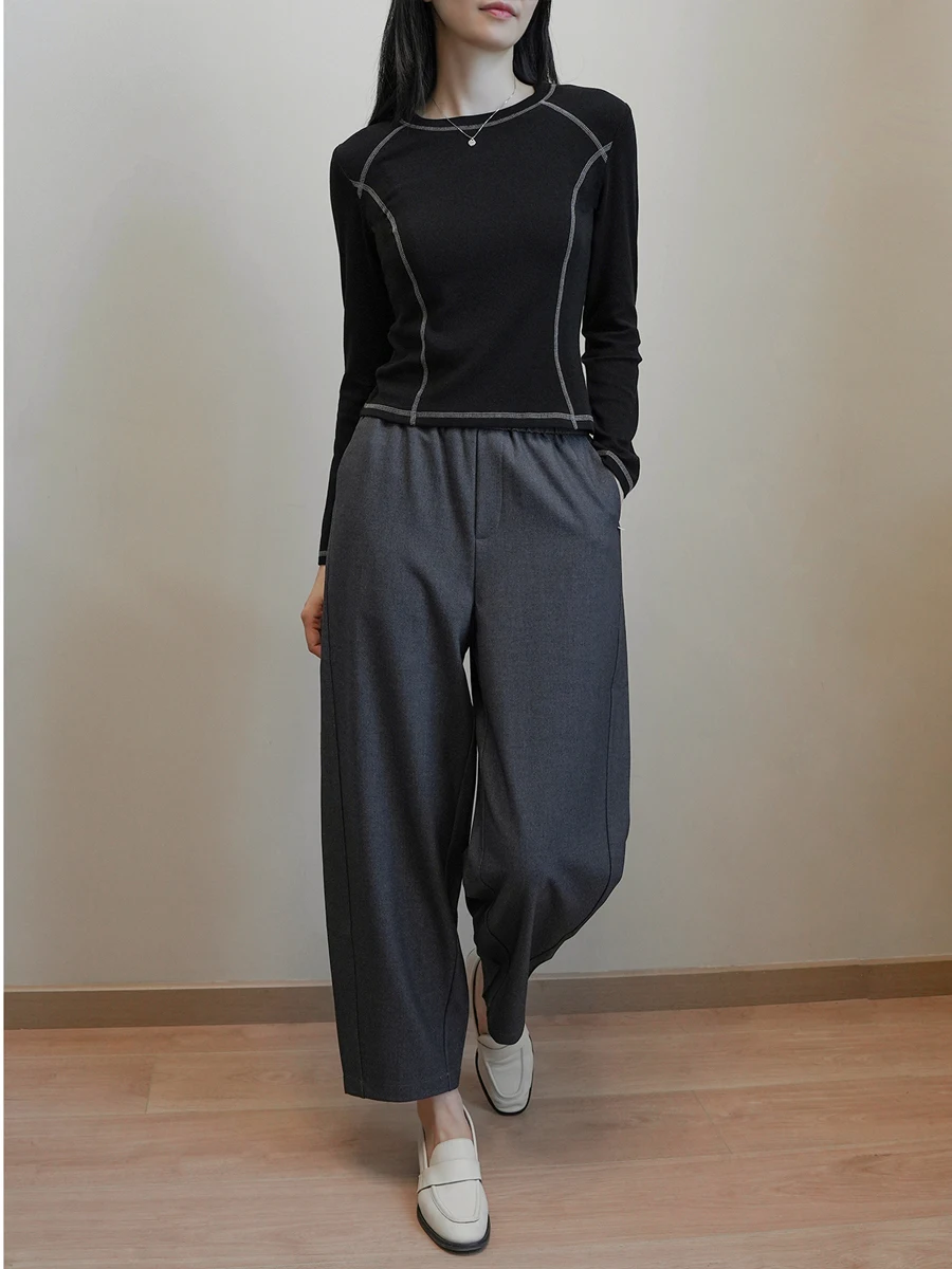 

Ladies Elastic Waist Tapered Pants Pure Color Versatile Suit Nine-Piece Pants Commute Spring Autumn Sle Ladies Casual Pants