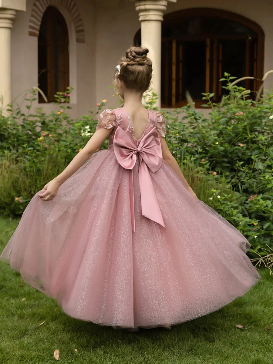 Crew Neck Tulle Flower Girl Dresses With Applique & Satin Bowknot vestidos elegantes para niñas vestido de festa de casamento