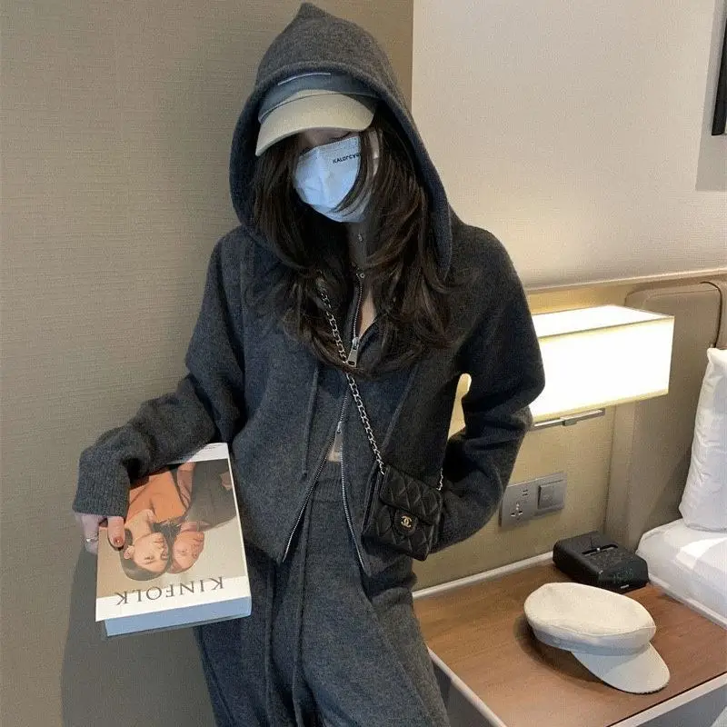 Fashionable Sportswear Set for Women Casual Hooded Open Cardigan Sweatshirt Wide Leg Pants Two Piece Set Trendy 925