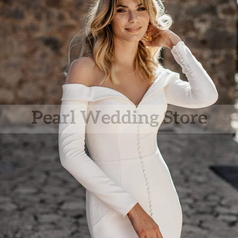 Semplice abito da sposa bianco di spalla di carta elegante maniche lunghe con bottoni abiti da sposa personalizzabili Multi-formato con spacco centrale