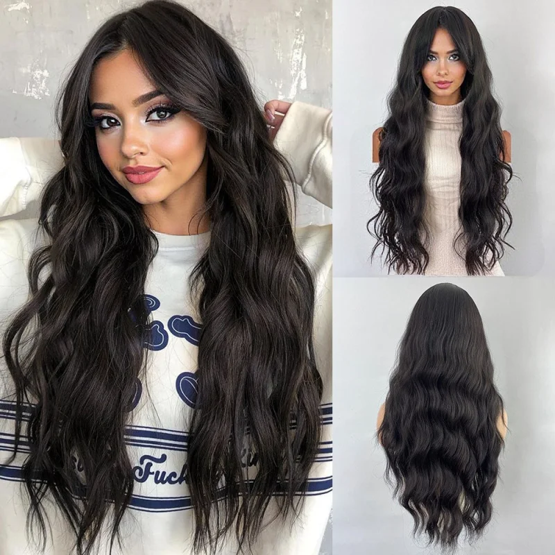 

71,12 Штиметр, черно-коричневый длинный вьющийся парик с боковой челкой, парик из волокна для женщин и девочек, парик из волос