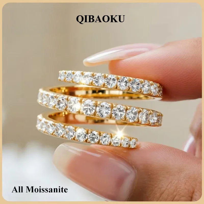 FCGJHW S925 Sterling Silver Triple Spiral Wrap Ring Paved Round Moissanite 18K Plated Open Twist Stackable Statement Band 2026