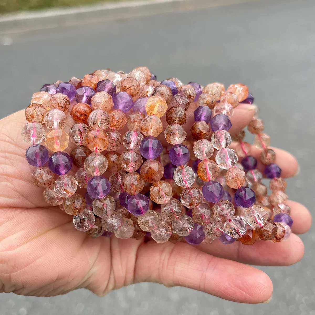 

7A+ Natural Stone Super Seven Quartz Faceted Bead Bracelet Women Beautiful Healing Crystal Stretch Bangles Couples Hand Strand