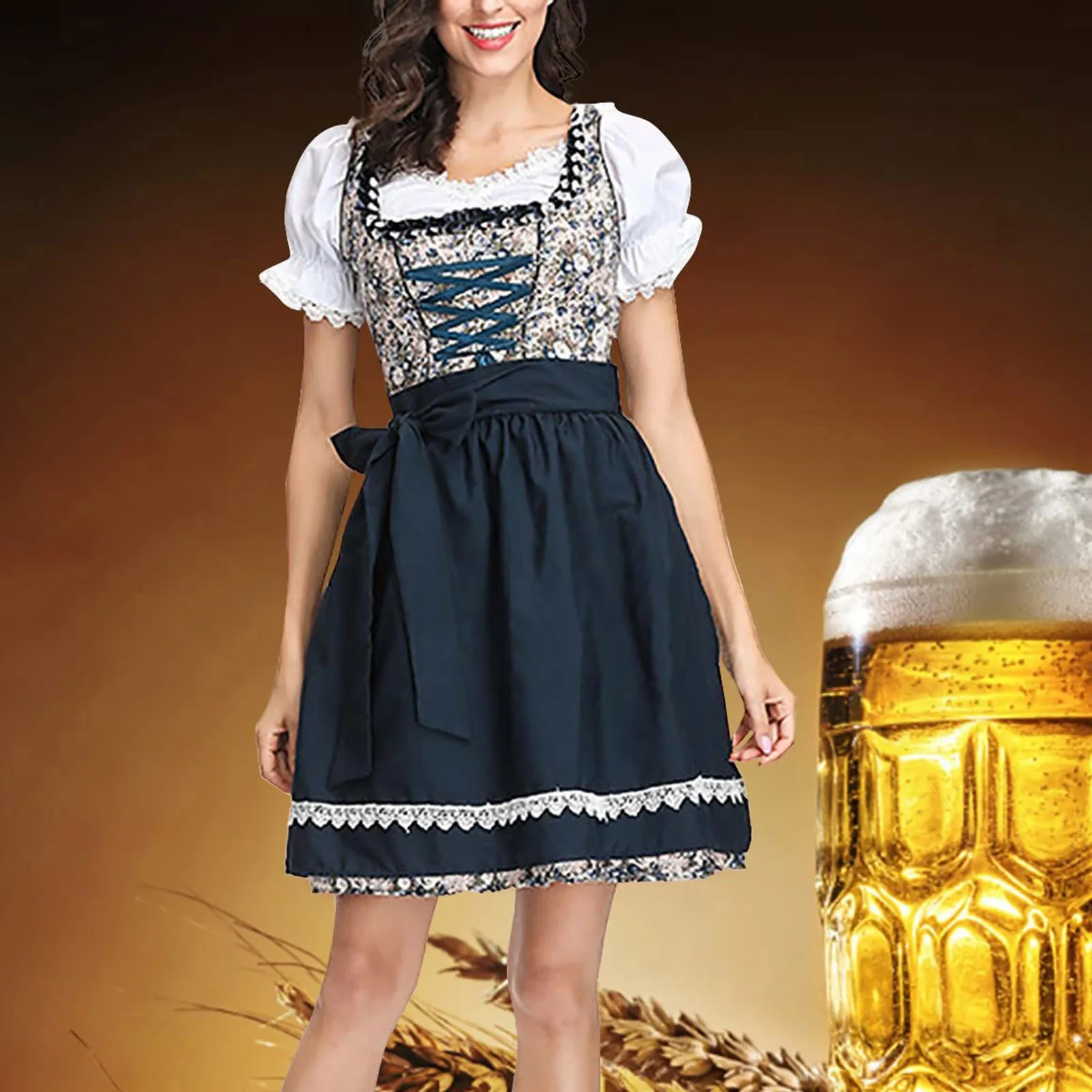 

Bavarian Oktoberfest Women's Maid Dresses Lace Neck Apron Dirndl Dress Women Traditional Beer Vintage Fancy Party Costume Dress