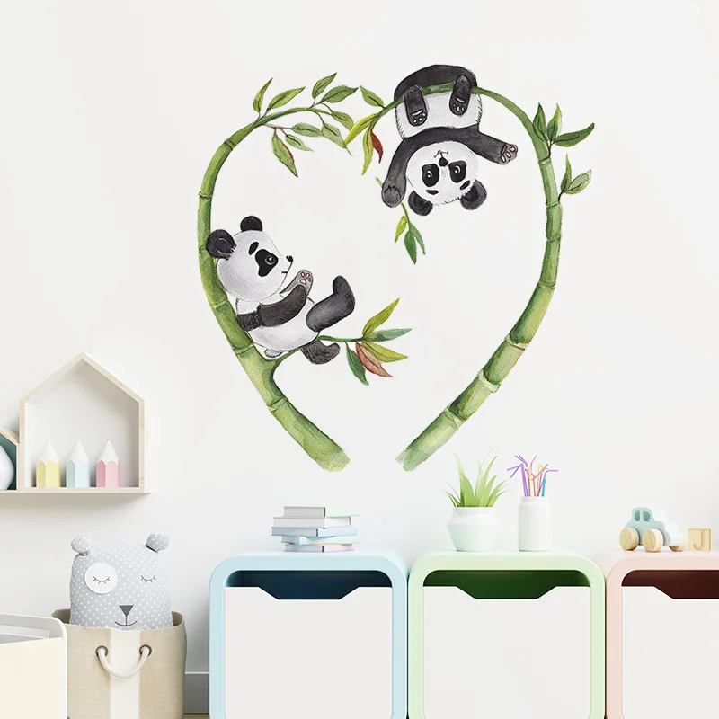 Cartoon panda love bamboo flowers children bedroom porch home wall decoration PVC wall stickers room decor aesthetic DIY 39x40cm