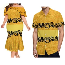 Tax Free Women'S Off-The-Shoulder Dress Samoan Elegant Fishtail Skirt Matching Men'S Aloha Shirt Polynesian Matching Couple Suit