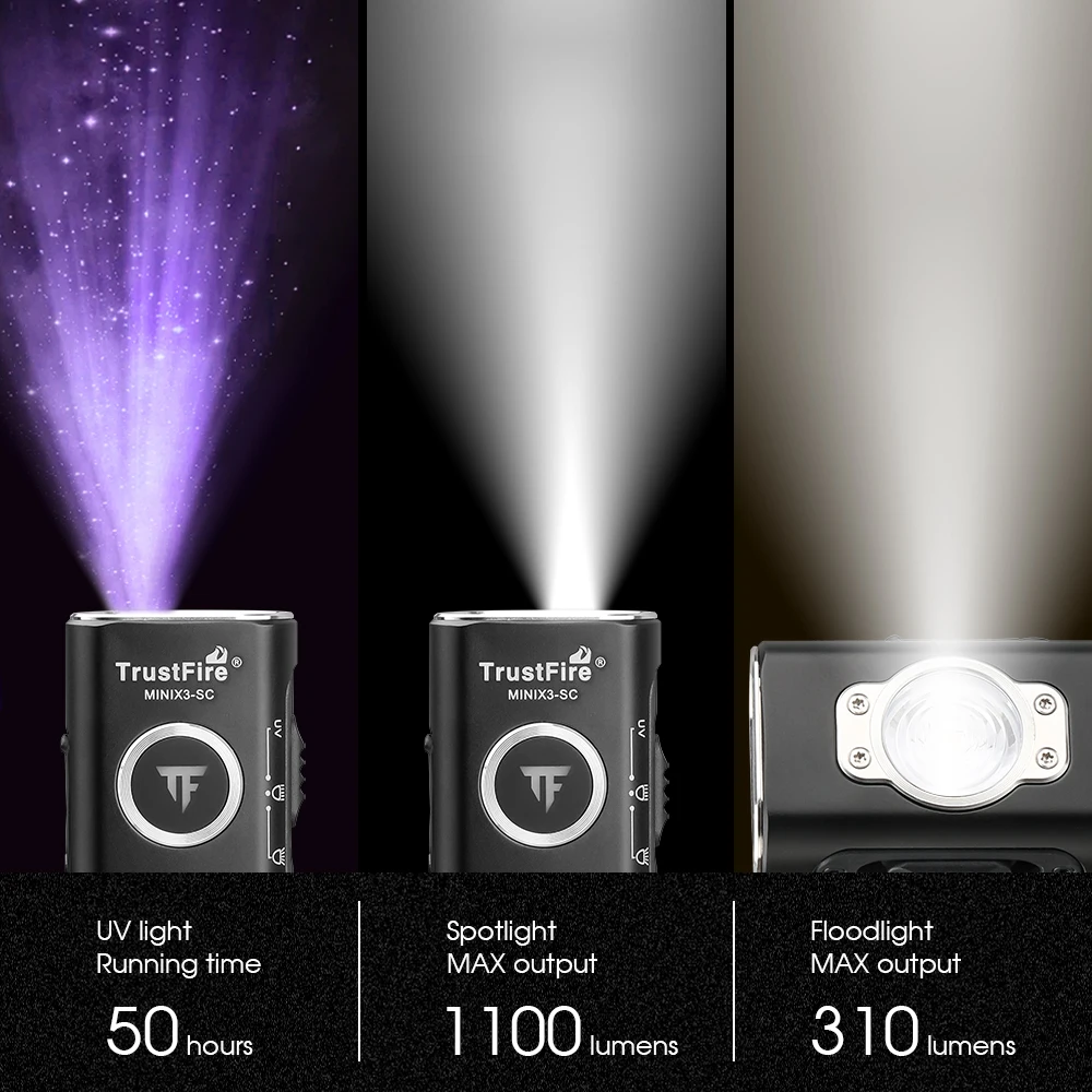 TrustFire MINIX3-SC wiederaufladbare EDC-Taschenlampe mit UV-Licht, 1100 lm, 1500 mAh, Taschenlaterne, IPX6, wasserdichte Taschenlampe für Camping