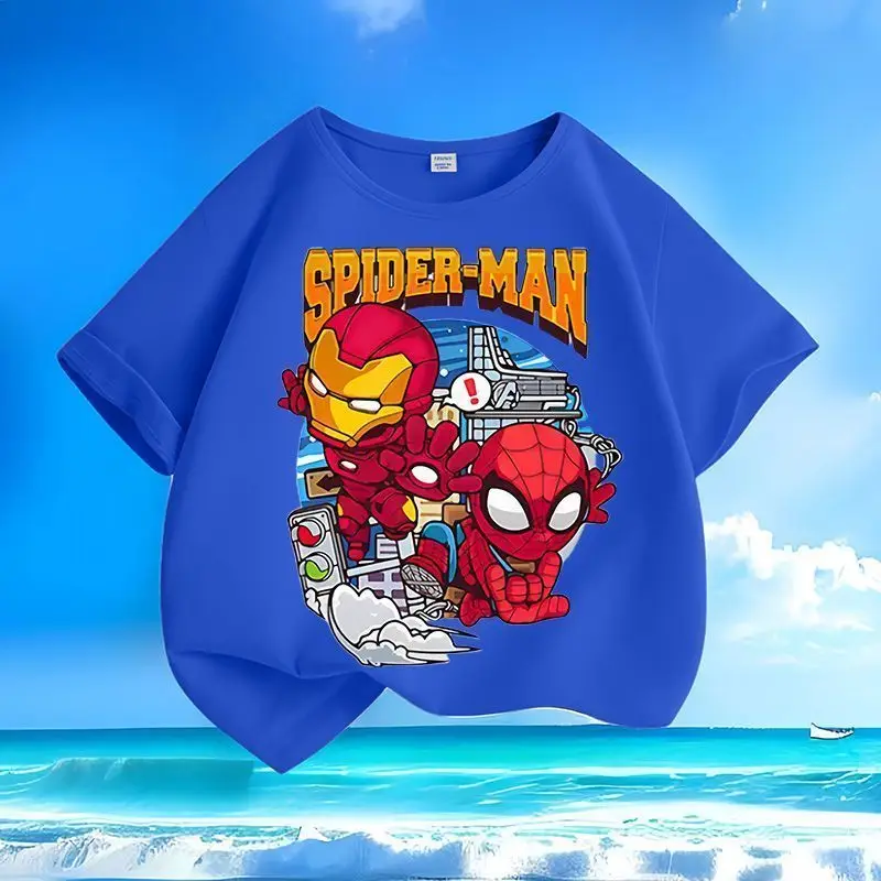 Marvel Spiderman Iron Man niños y niñas verano suave, cómodo y de moda Cool moda dibujos animados Anime patrón camiseta