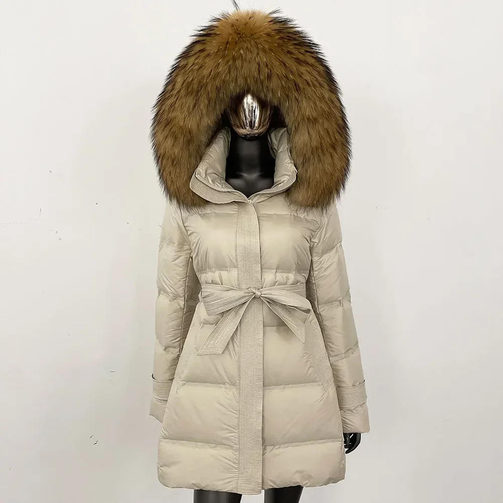 Lady Real Raccoon Fur Down Jacket Natural Fox Fur Coat Female Thick White Duck Down Jacket Winter Office Puffer Jacket Women