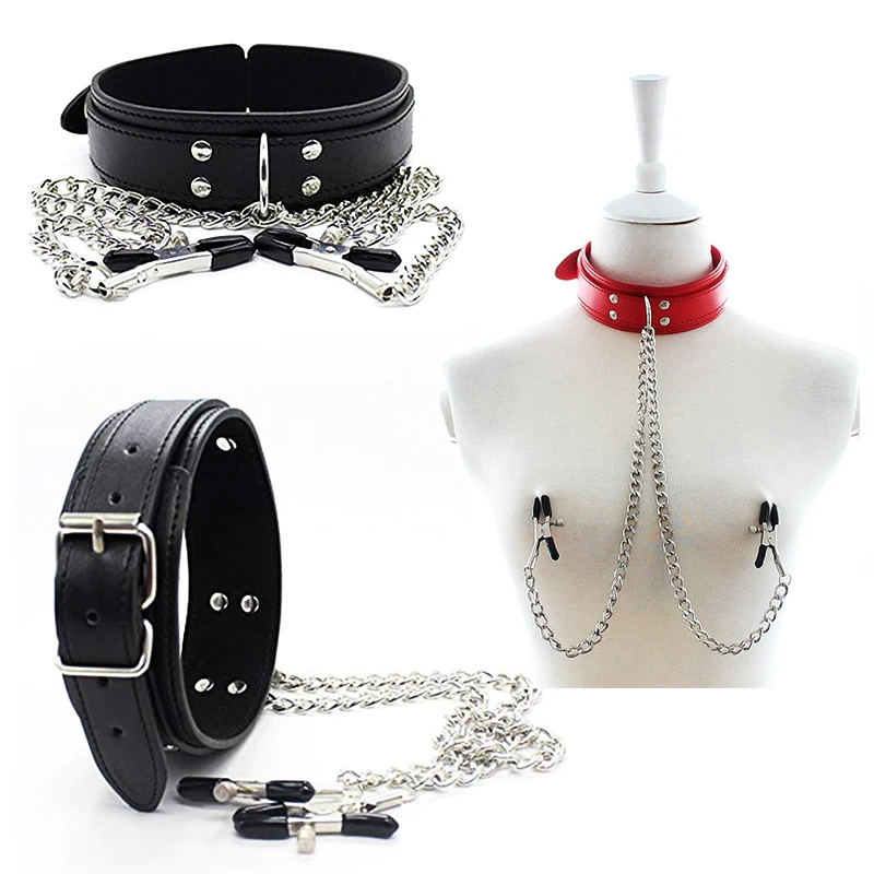 Bdsm Binding Artificial Leather Choke with Nipple Chest Clip Chain Female Sexual Masochism Accessories 18 Year Old Adult Toy