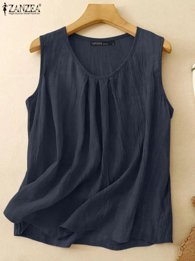 ZANZEA Summer Tanks Tops Women Solid Beach Shirt Casual Loose Tunic Holiday Blusas Mujer Camis Vintage O Neck Sleeveless Blouse