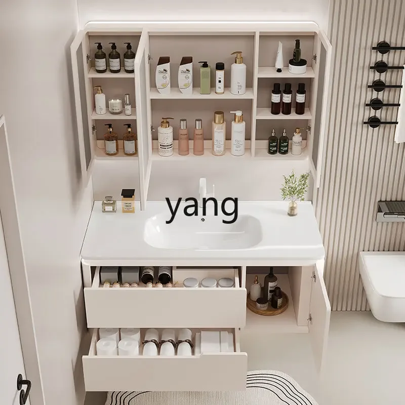 حوض متكامل من السيراميك والرياح من خشب البلوط الكريمي LH، خزانة حمام زاوية مستديرة، مغسلة