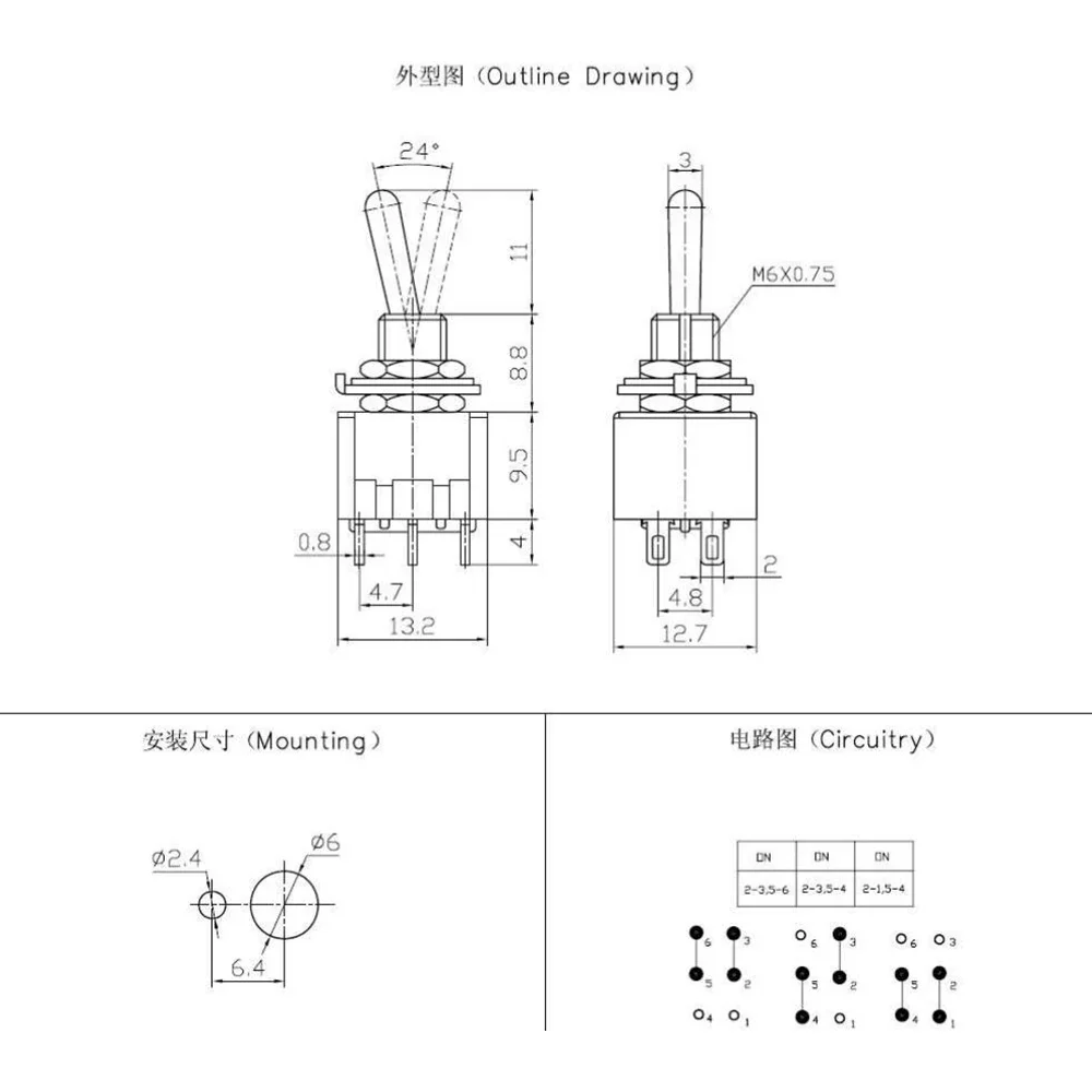 DAIERBUMP 10PCS Locking Toggle Switch ON ON ON 3 Position DPDT 6MM Guitar Mini Rocker Toggle Switch For Car Motorcycle