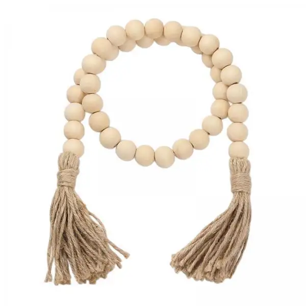 

Wooden Bead Garland String with Natural Jute Tassel Rustic Country Decor for Living Room Bookshelf and Wedding Party