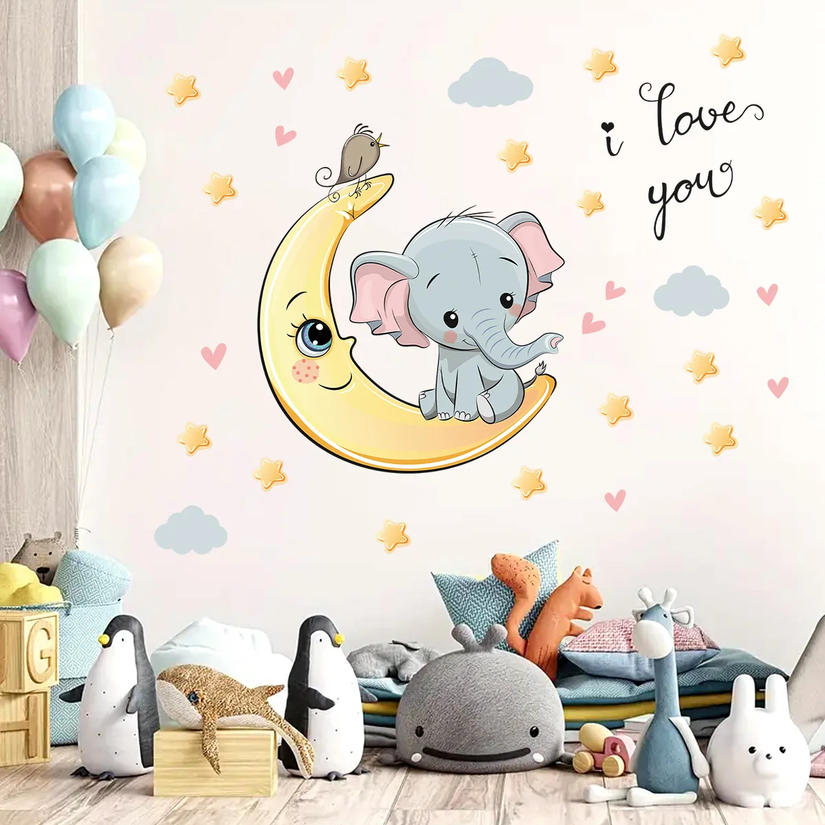 

Cartoon Moon Good Night Elephant Wall Stickers Self-adhesive for Children's Room Baby Bedroom Nursery Wall Decoration Decals