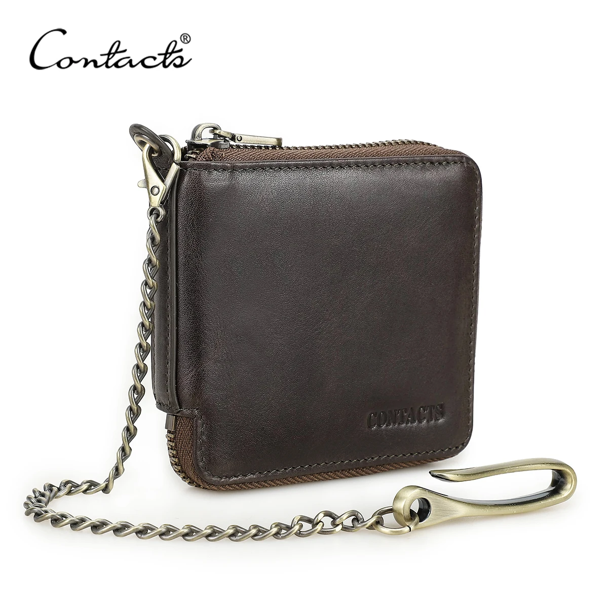 CONTACT'S Genuine Leather Short Wallets for Men Anti Theft Metal Chain Coin Purse Card Holder Money Clip Male Zipper Mini Wallet