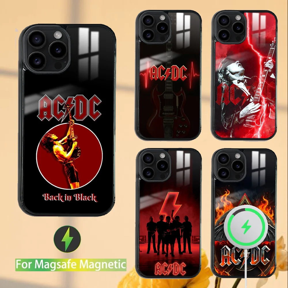 A-AC D-DC Rock Band Phone Case For iPhone 16 15 14 13 12 11 PRO MAX PLUS Mini Magnetic wireless mirror phone case