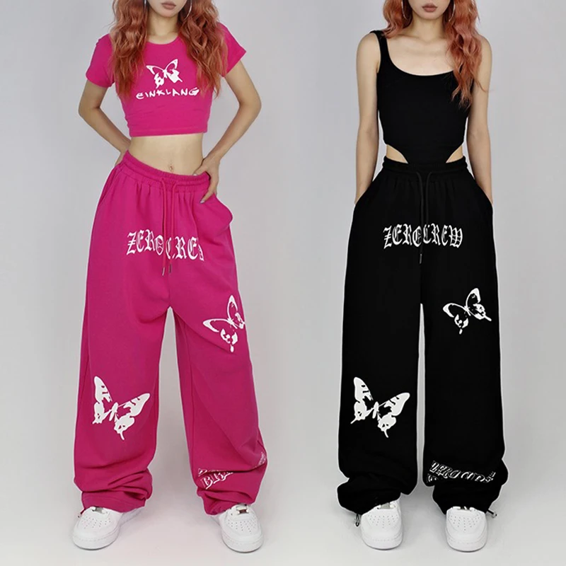 

American Style Casual Loose Dancing Pants Women's Hip Hop Jazz Drawstring High Waist Straight Leg Pants Street Style Cotton