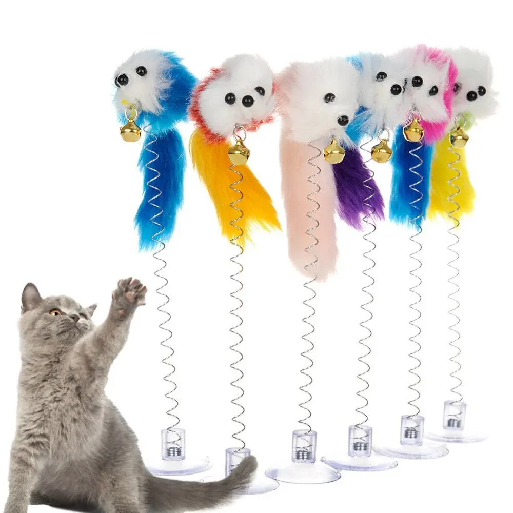 Cat Toy Colorful Suction Cup Spring Feather with Bell Pet Toys Cat Supplies Cat Plush Teaser Toys Funny Stick Interactive Toys