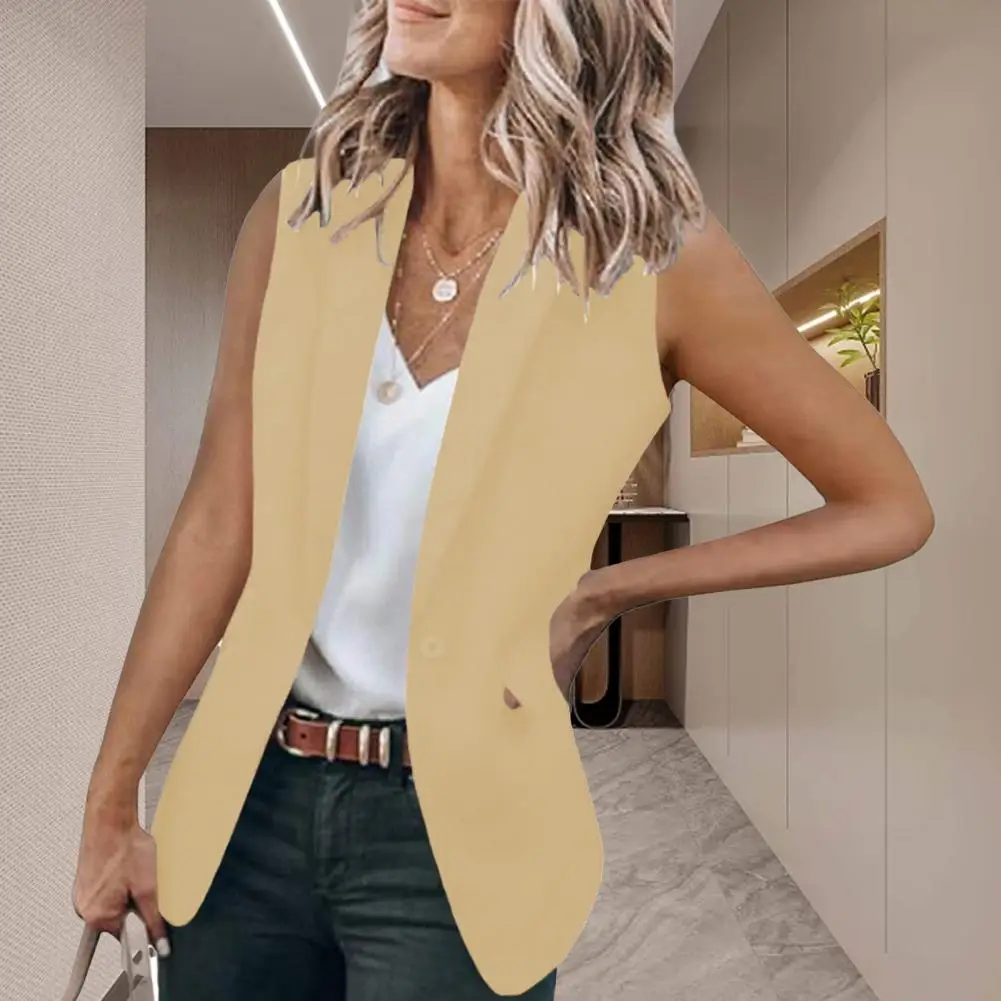 Women Jacket Slim Fit Suit Vest with Lapel Fake Flap Pockets Single Button Closure Stylish Office Waistcoat for Summer Workwear