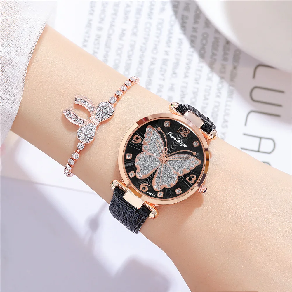 New Butterfly Watch For Women Pink Leather Strap Rhinestone Ladies Wristwatch Casual Luxury Quartz Female Watches montre femme