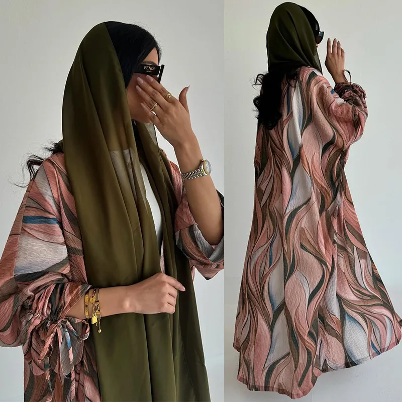 

Abstract Wave Print Modest Abaya Set with Tie Sleeve & Matching Hijab - Dubai Crinkle Texture Kaftan