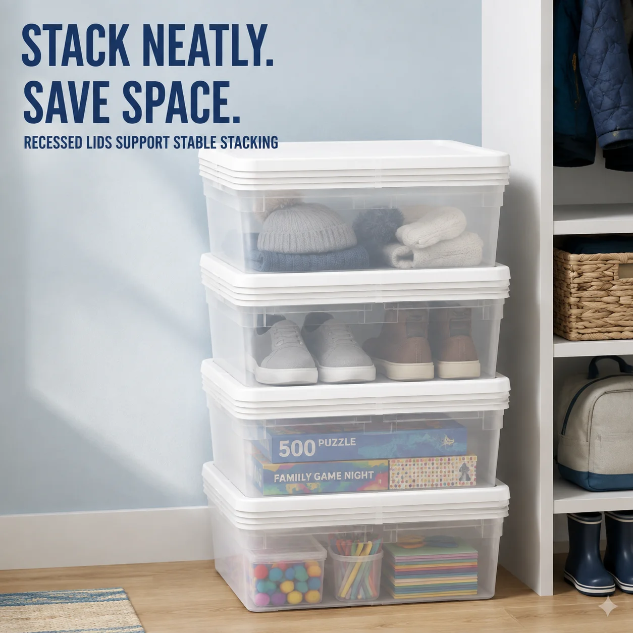 Set of (4) 12 Quart Storage Bins, Clear Plastic Storage Bin with Snap-on Lid, White