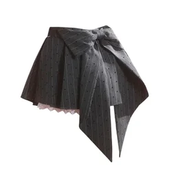 2024 New Gray Pleated Y2k Mini Skirt Women Summer Lace Patchwork Bow Fashion Skirt Lolita Style Striped Dot Print Cutecore Skirt