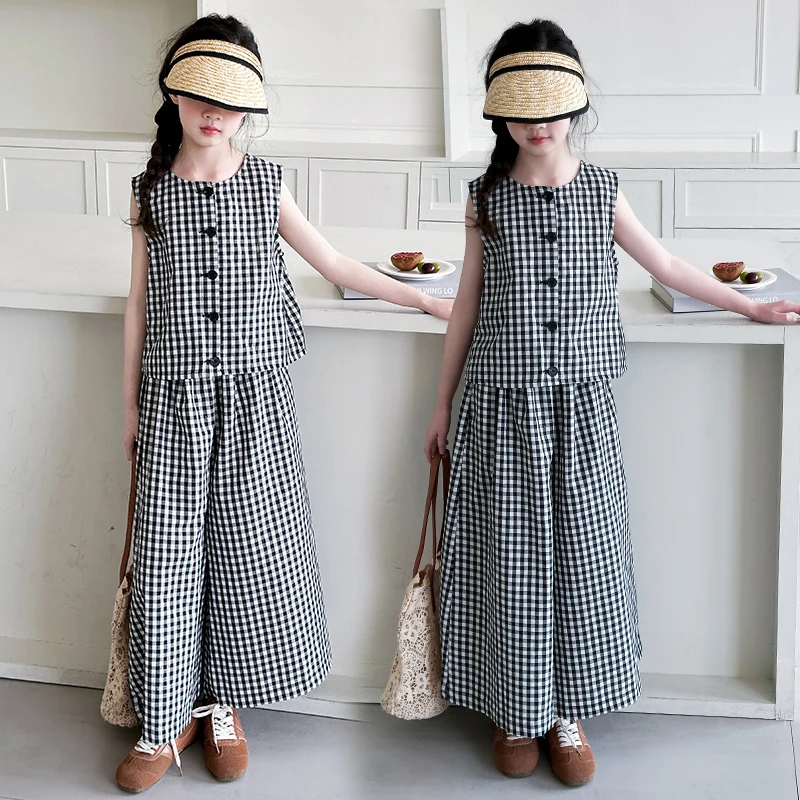 

2026 Summer New Kids Clothing Set Harajuku Soft Streetwear Classical Clothes Hot Girl Pliad Outfit Child Vest+Wide Leg Pants Set
