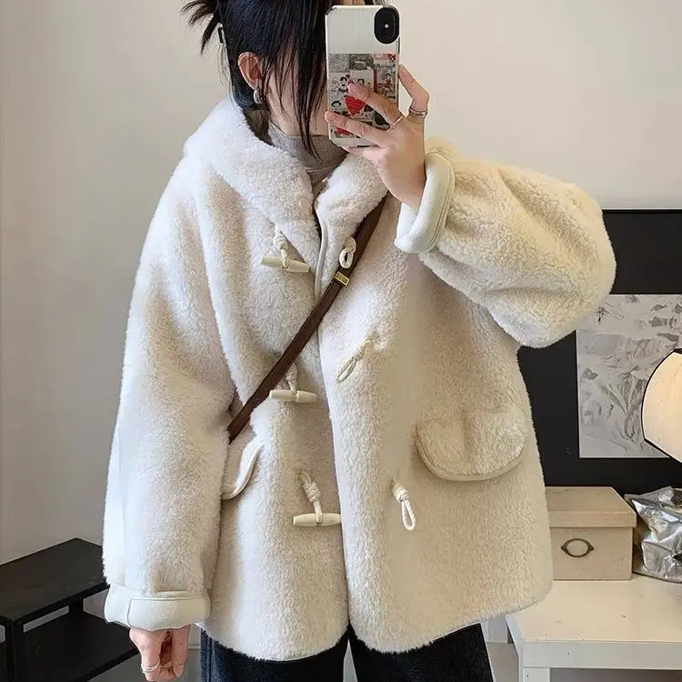 

Lamb Fur Trimmed ort Coat Women's Casual Sle Loose Fit Autumn Winter Warm Hooded Jaet Fake Fur Leather Coat