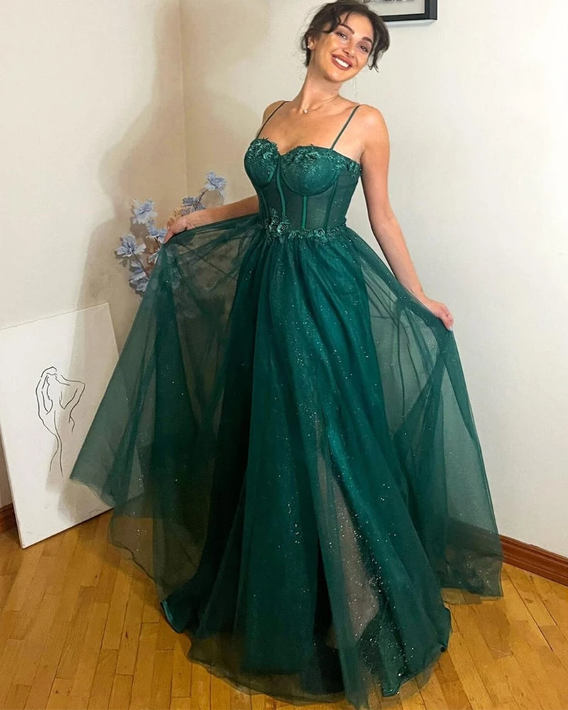 Stylish Corset Spaghetti Straps Long Evening Dress Floor Length Sequin Tulle A-Line Prom Birthday Party Gown Delicate Appliques