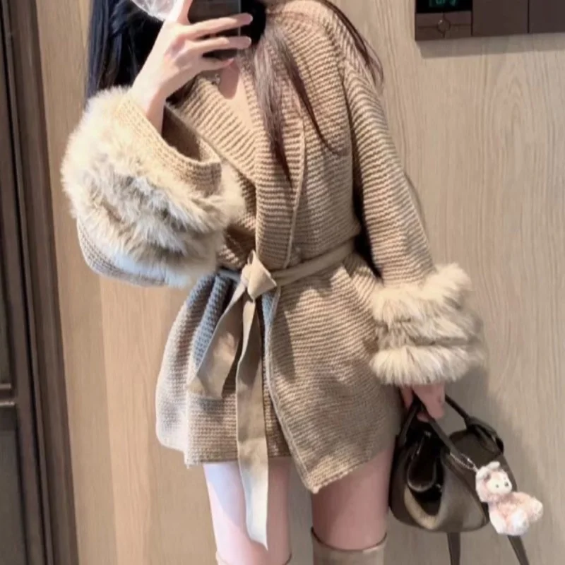 

Новое модное лоскутное пальто из искусственного меха, женское вязаное пальто с лацканами на шнуровке, однотонный кардиган с длинными рукавами, повседневный свободный свитер, верхняя одежда